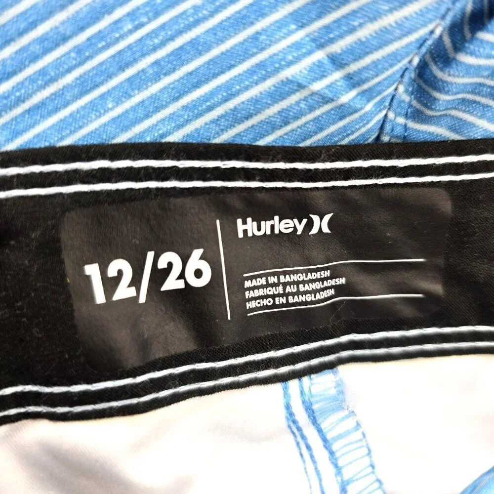 NWT Hurley Kids Light BLue Striped Board Swim Shorts Youth Size 12 Waist 26